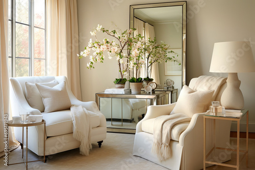 Living room with cream armchair, mirror, glass and linens