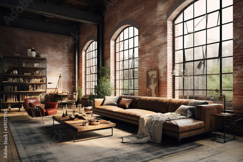 Living room in an industrial loft with large windows and exposed brick walls