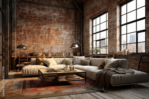 Living room in an industrial loft with large windows and exposed brick walls © arhendrix