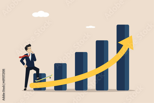 Growth for success, growing business to achieve goal, career development, businessman with skateboard prepare to run on growth rising graph.
