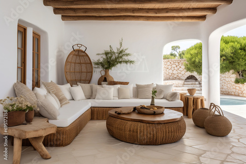Interior architecture of a room in a typical white Ibizan house, with natural furniture and decoration, wicker and wood.