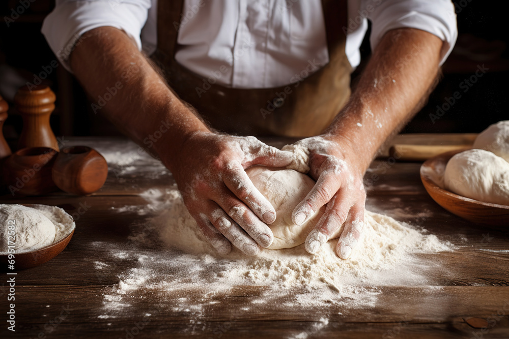 baker's hands kneading dough to make bread smeared with flour, on wooden table