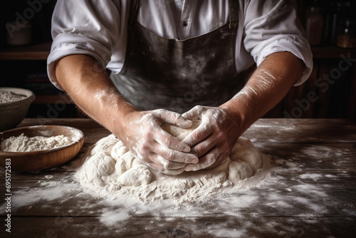 baker's hands kneading dough to make bread smeared with flour, on wooden table