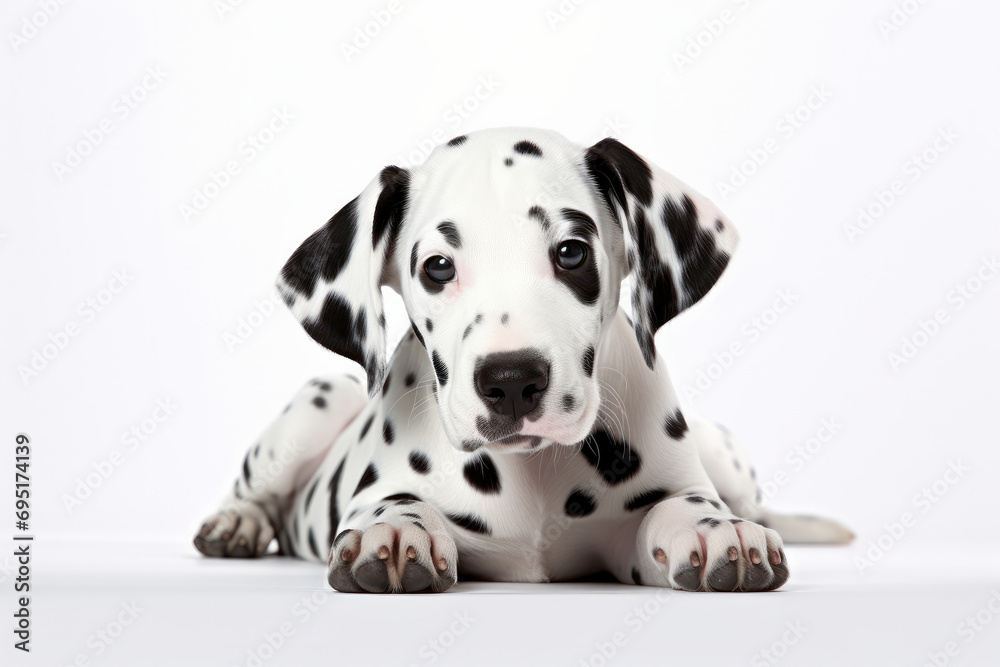Purebred Dalmatian puppy, seated, playful, staring. Obedience education, black-and-white fur, isolated. AI Generative analysis.