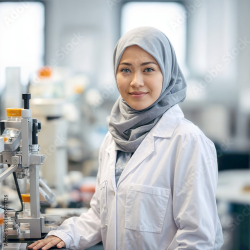 Asian female scientist of malay descent wearing a head scarf in a laboratory working in nutrition, food science and healthcare