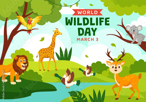 World Wildlife Day Vector Illustration on March 3 with Various a Animals to Protection Animal and Preserve Their Habitat in Forest in Flat Background