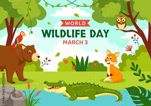 World Wildlife Day Vector Illustration on March 3 with Various a Animals to Protection Animal and Preserve Their Habitat in Forest in Flat Background