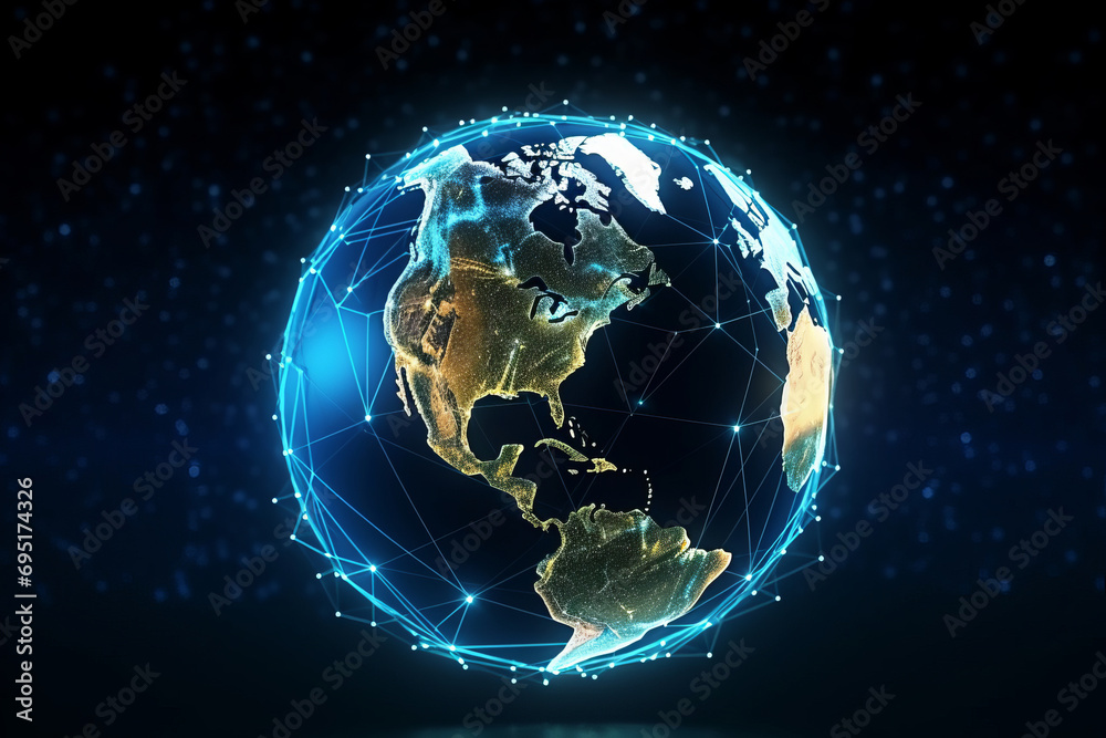From space, Earth's cities light up like a global map. An abstract portrayal of our interconnected world through technology and the World Wide Web. Globalization is AI Generative.