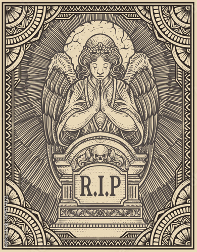 Illustration vector angels praying at the tombstone with engraving ornament frame photo