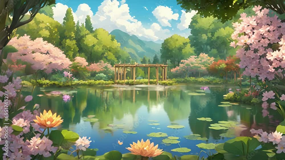 serene pond sits center Schema Springs, surrounded lush greenery vibrant flowers. Each flower represents different cognitive schema waiting explored transformed through 2d animation