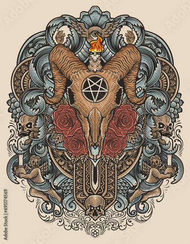 Illustration vintage goat skull rose with engraving ornament