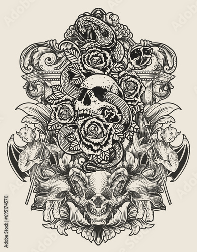 Illustration vintage skull snake rose with engraving ornament