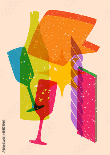 Risograph Champagne Bottle and Drinking Glass with speech bubble and geometric shapes. Objects in trendy riso graph print texture style design with geometry elements.