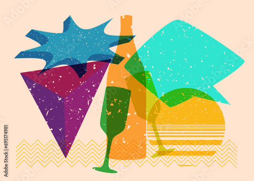 Risograph Champagne Bottle and Drinking Glass with speech bubble and geometric shapes. Objects in trendy riso graph print texture style design with geometry elements.