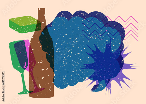 Risograph Champagne Bottle and Drinking Glass with speech bubble and geometric shapes. Objects in trendy riso graph print texture style design with geometry elements.