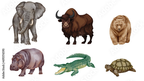 Watercolor set with wild savannah animals. Cute safari wildlife animal