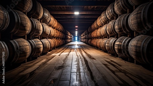 Whiskey, bourbon, scotch or wine barrels in an aging facility. Wooden wine barrels in perspective. Wine vaults. Vintage oak barrels of craft beer or brandy. photo