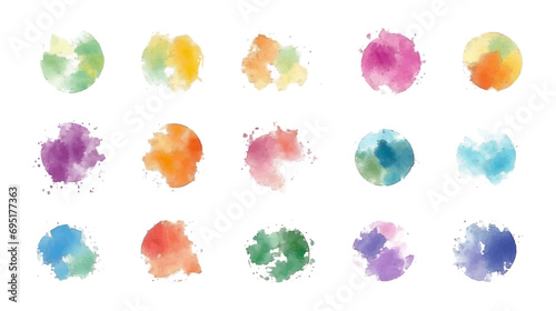 Set of 15 Watercolor-Inspired Circular Splash Design Elements - Colorful and Vibrant Vector Graphics