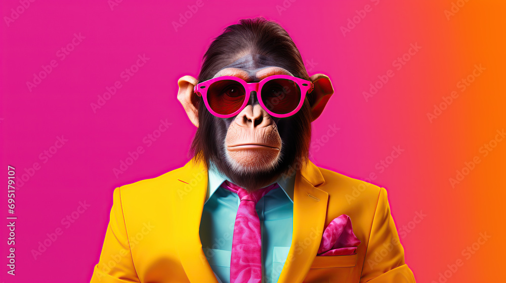 monkey wearing suit and sunglasses  - obrazy, fototapety, plakaty 