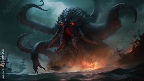 A giant kraken with writhing tentacles and glowing eyes rising from the depths of Fantasy art concept. photo