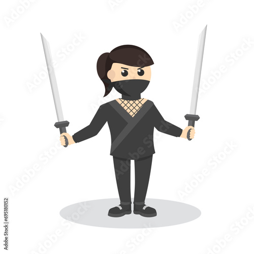 ninja woman with double katana design character on white background