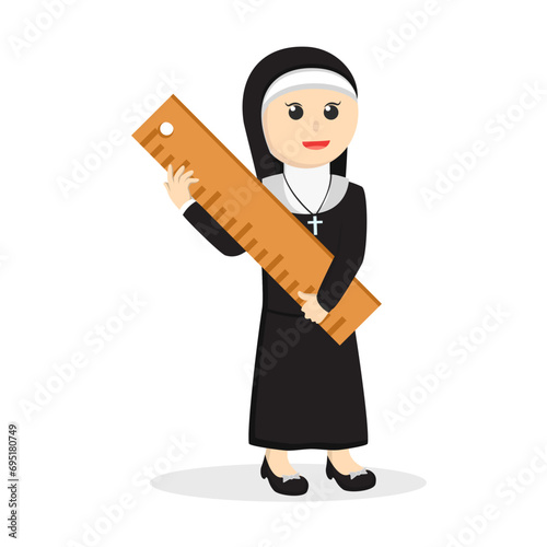 nun holding giant ruler design character on white background