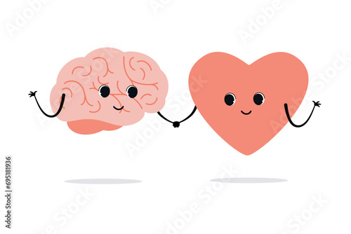 Cartoon brain and heart characters holding hands. Mind and feeling harmony concept. Vector flat illustration.
