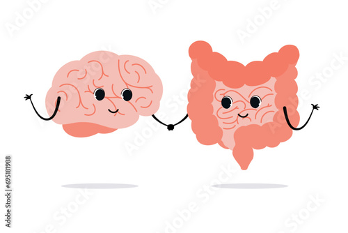 Connection of cute healthy happy brain and intestine gut characters. Concept Relation health of human brain and gut, second brain. Unity of mental and digestive. Vector illustration photo