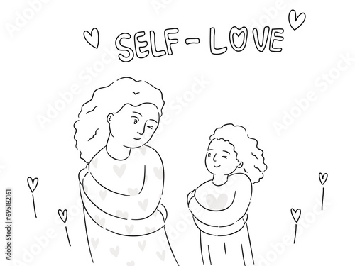 Mother and child smiling and embraced themself, self-Love concept in line drawing vector illustration.