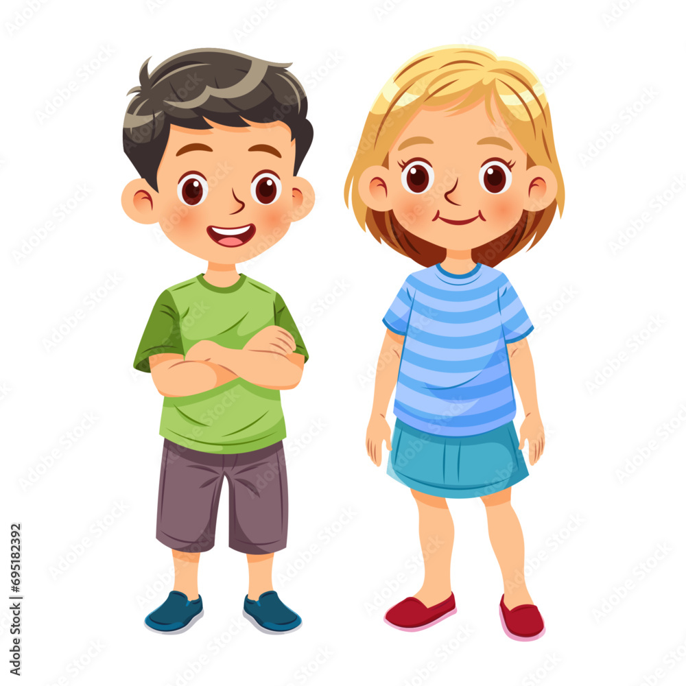 Vector illustration cartoon of a cute boy and a cute girl standing together smiling_04 Vector illustration cartoon of a cute boy and a cute girl standing together smiling_04