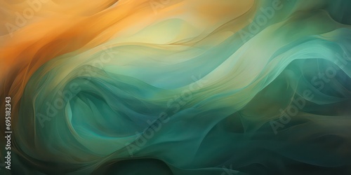 Fototapeta Naklejka Na Ścianę i Meble -  Abstract background adorned with a rich green, peach, sea teal, jade highlighted by hints of light orange, creating blur a dynamic interplay of light and shadows.