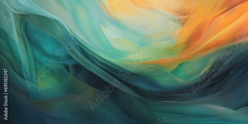 Abstract background adorned with a rich green, peach, sea teal, jade highlighted by hints of light orange, creating blur a dynamic interplay of light and shadows.