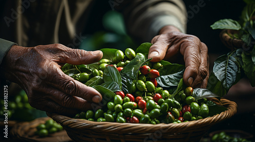 Premium coffee making process, a farmer selecting the high quality raw coffee beans from the harvest for processing.  photo