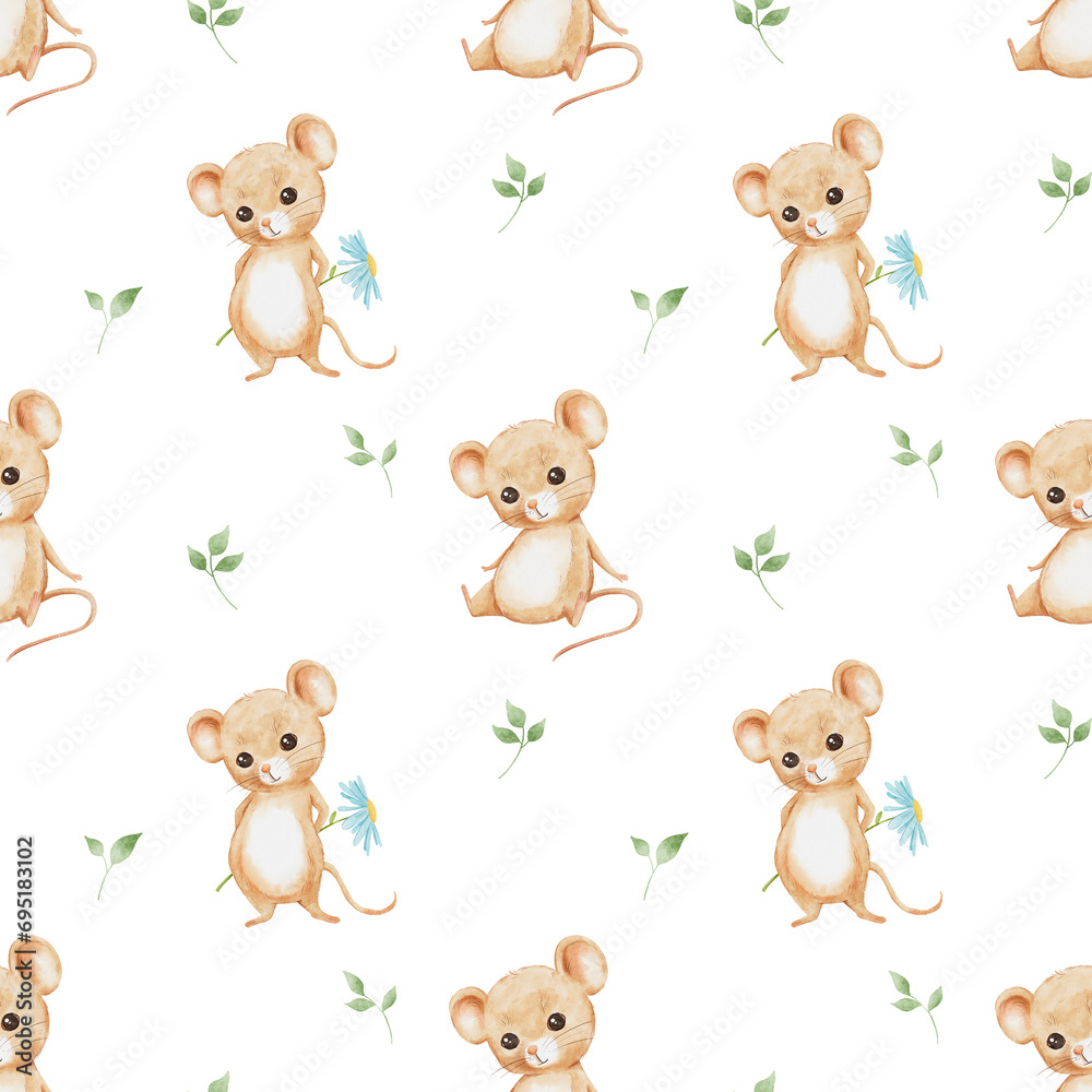 Seamless pattern with cute little sitting mouse character on white background. Endless watercolor pattern for textiles or fabric for newborns. Cartoon happy baby rat with flower Seamless pattern with cute little sitting mouse character on white background. Endless watercolor pattern for textiles or fabric for newborns. Cartoon happy baby rat with flower