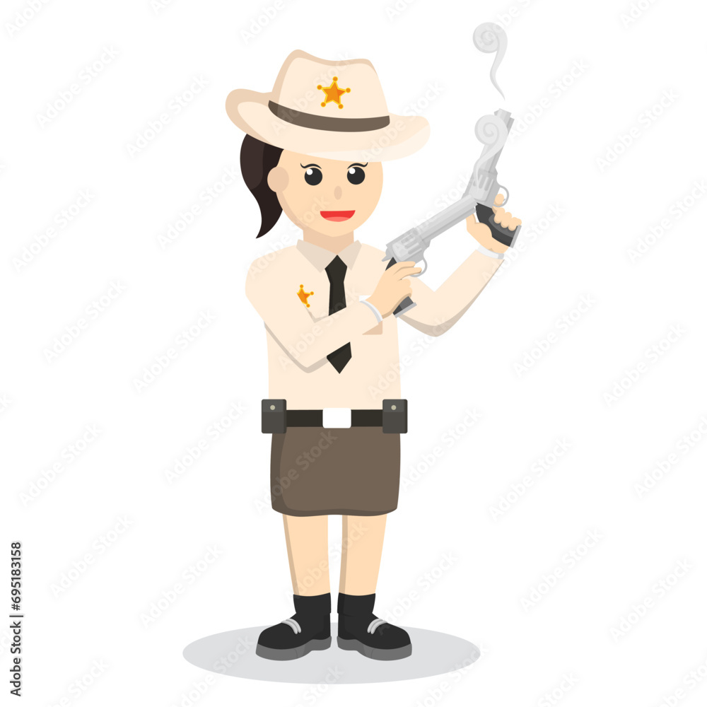Sheriff woman holding double gun design character on white background Sheriff woman holding double gun design character on white background