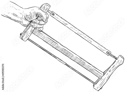 hand holding metal saw handdrawn illustration