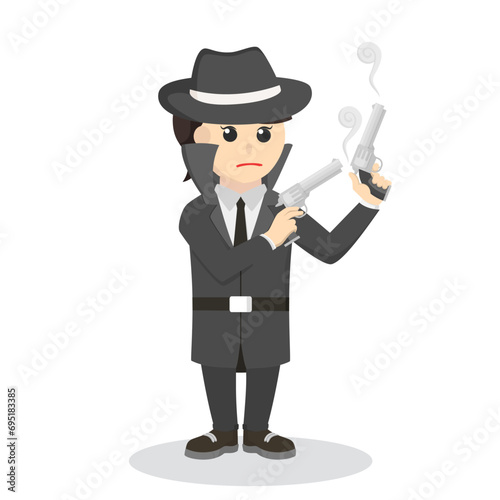 spy woman holding double gun design character on white background