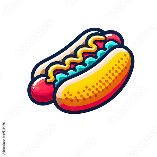Cute sticker of hot dog with mustard, cartoon style