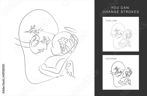 Continuous one-line drawing. The woman holds her baby. Mother and baby contour illustration.