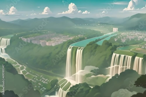 beautiful city overview lush green forest surrounding the town hills river before sunrise Generative AI. Virtual video scene animated background photo