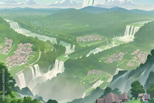 beautiful city overview lush green forest surrounding the town hills river Generative ai Generative AI. Virtual video scene animated background photo