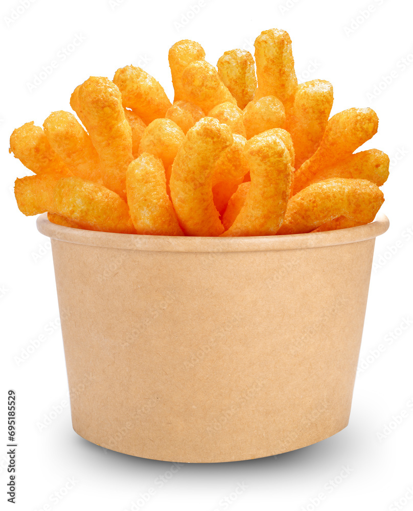 Puffed corn snacks in paper bucket isolated on white background, Puff corn or Corn puffs cheese flavor isolate on white With clipping path. - obrazy, fototapety, plakaty 