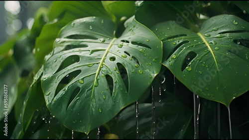 green leaf in the rain, tropical monstera leaves