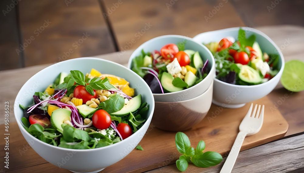 Healthy vegetable salad in bowl on wooden table, close-up