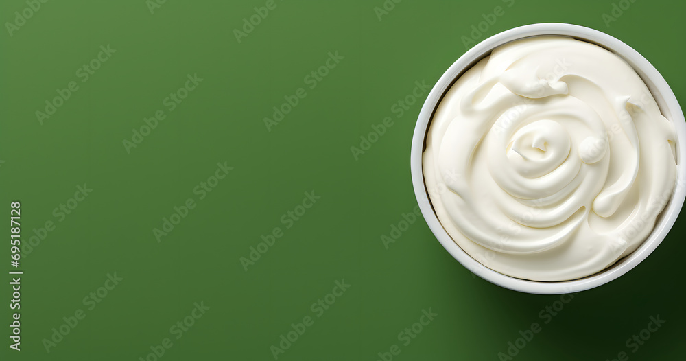Top view of bowl with white quark or cream on side of green background with copy space - obrazy, fototapety, plakaty 