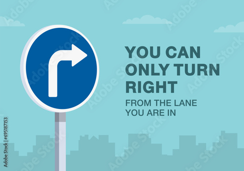Safe driving tips and traffic regulation rules. Right turn only from the lane you are in. Close-up of european sign. Flat vector illustration template. photo