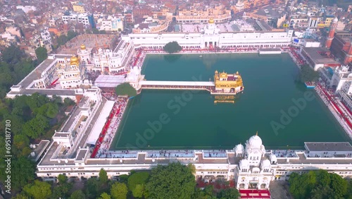 The Golden Temple also known as the Harimandir Sahib Aerial view by DJI mini3Pro Drone photo