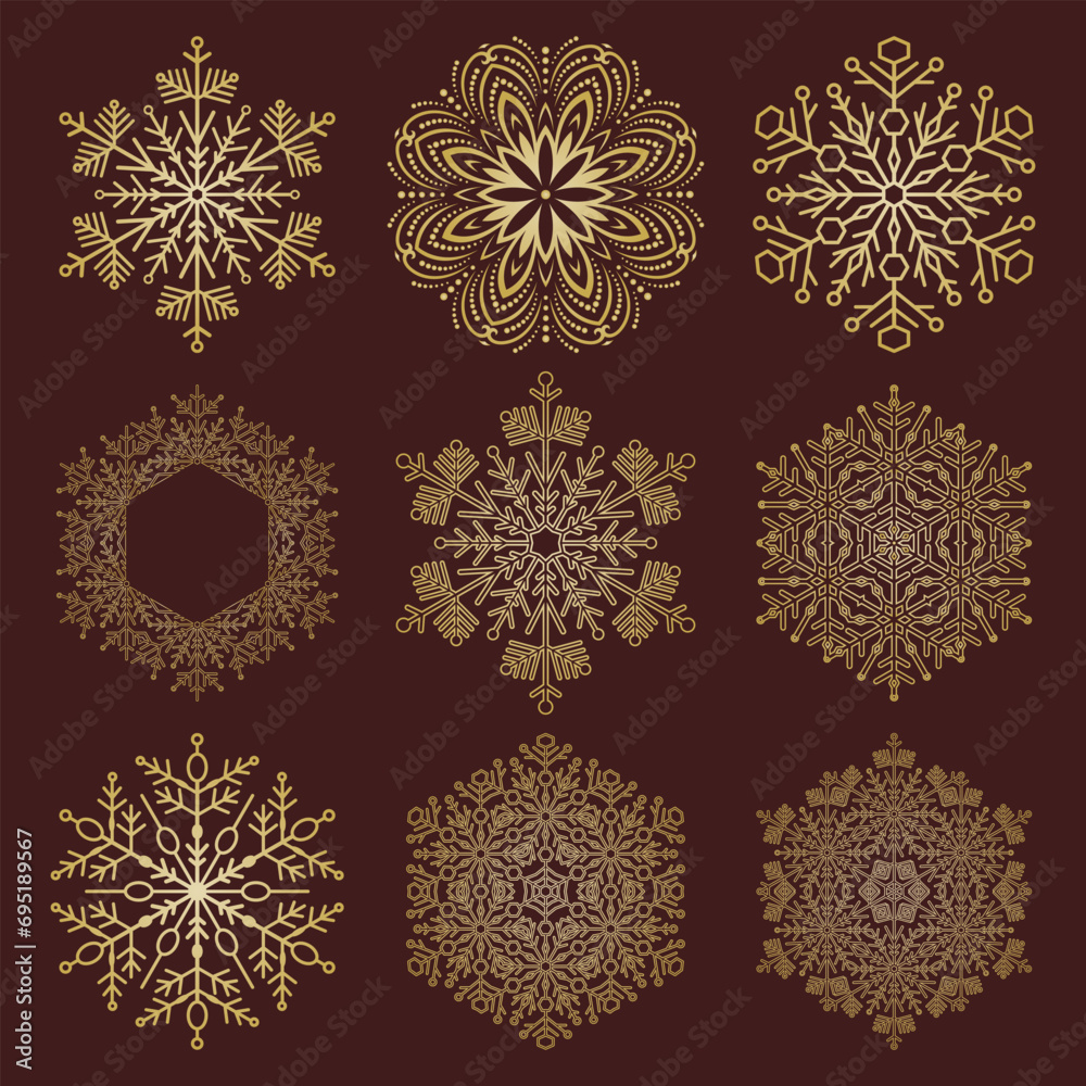 Set of vector snowflakes. Collection of winter golden ornaments. Snowflakes collection. Snowflakes for backgrounds and designs Set of vector snowflakes. Collection of winter golden ornaments. Snowflakes collection. Snowflakes for backgrounds and designs