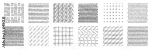 Hand drawn hatching line texture set. Crosshatch, dash, stippling, cross doodle shape. Pencil draw vector illustration.
