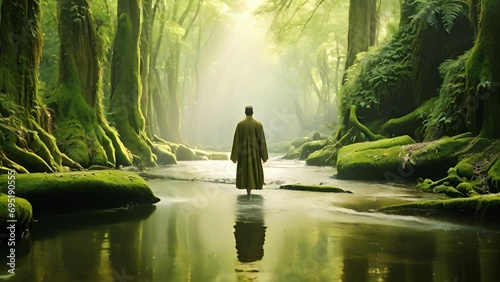 A person in a robe walking slowly through a forest filled with lush fresh water representing the need to preserve natural water sources. . photo